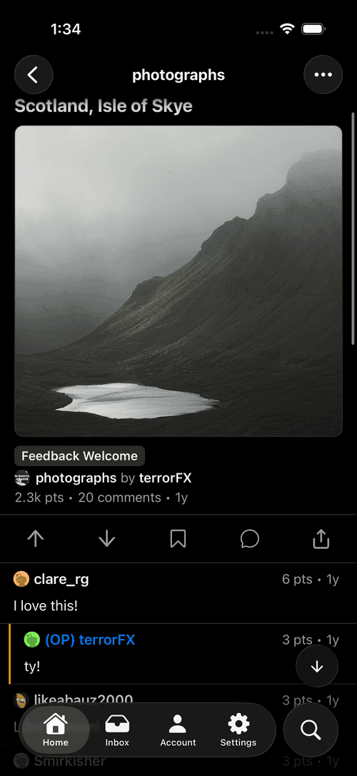 A post open in Artemis with full-size media and a comment thread