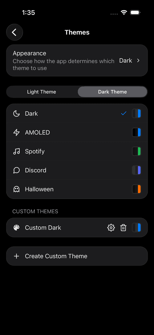Artemis theme picker showing Dark, AMOLED, Spotify and Discord themes